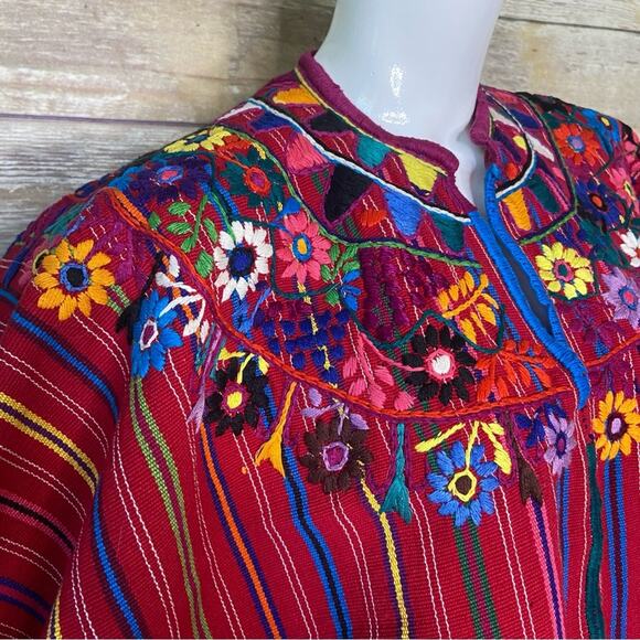 VINTAGE RED GUATEMALAN HAND LOOMED KAFTAN FLORAL EMBROIDERED HUIPIL DRESS - Picture 4 of 7